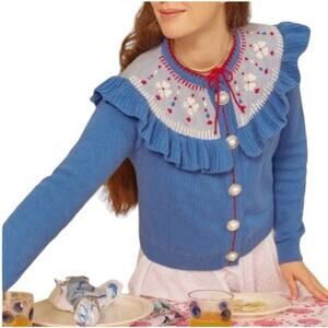 Hill House The Desk Sweater Blue Multicolor Embroidery Cardigan Sweater Size L